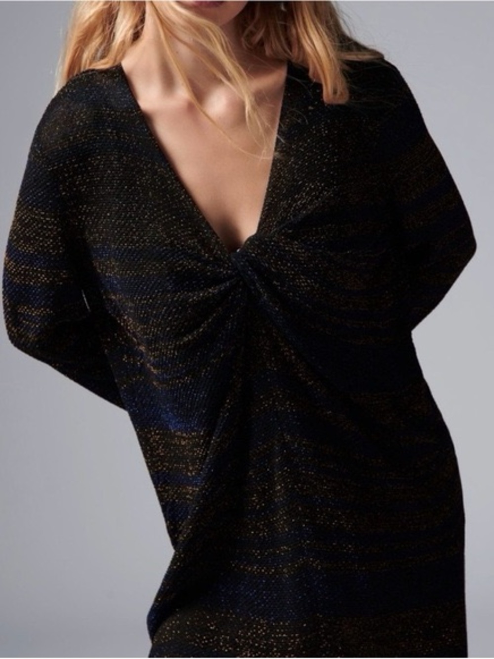 Zara Black Metallic Shimmer Midi Dress Twist Front Plunge Vacation Glam